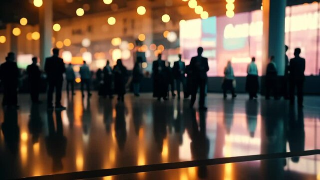 Modern trade show with vendors and attendees background, captured in a lively scene of networking and business interactions, showcasing the spirit of a professional event.