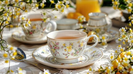 Fototapeta premium Elegant tea setting with floral cups and saucers amidst blooming flowers and citrus fruits