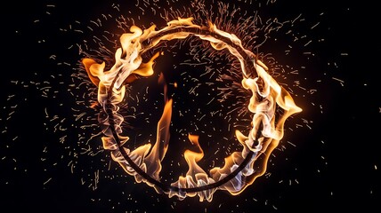 Flaming fire ring with sparks on black background
