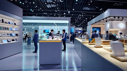 exhibition hall backdrop, representing business events such as trade shows, job fairs, or stock markets, perfect for commercial advertisements and marketing promotions.