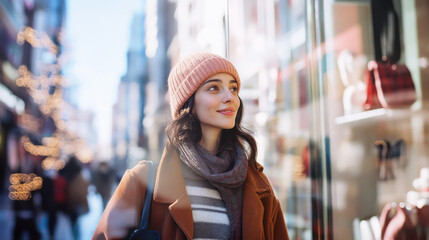 Fototapeta premium Smiling woman stands by glass storefront on vibrant city street during sunny day