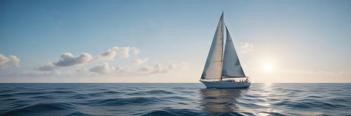 Fototapeta premium Sailing boat with a white sail and blue ocean, yacht racing, sailboat regatta racing sailboat