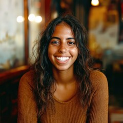 Obraz premium Smiling woman with curly hair in a cozy caf? setting