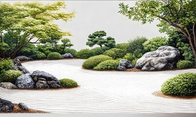 Serene Zen garden landscape, raked sand, rocks, greenery, tranquility, design