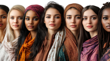 Diverse group of women showcasing various cultures through unique headscarves and expressions in a vibrant display