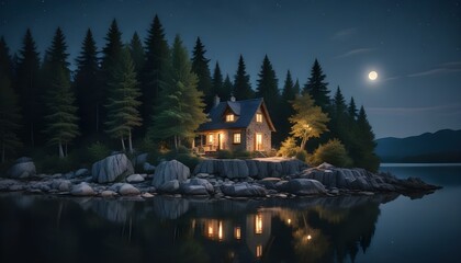 Una pequeña cabaña en una isla rocosa en un lago por la noche, con un cielo estrellado y una luna llena en lo alto. La cabaña tiene un brillo cálido y acogedor proveniente de las luces del interior