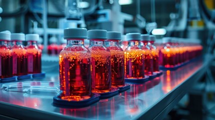 Laboratory scene showcasing rows of glowing red vials on a sterile table in a high-tech facility