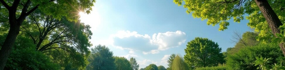 Thin wispy clouds peek through the trees of a residential garden, serene, clouds, natural
