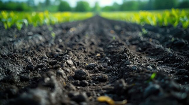 Close-up view of freshly tilled soil with emerging crops in a vibrant agricultural field