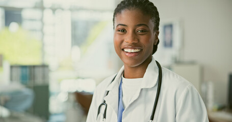 Clinic doctor, happy and portrait black woman, GP or medical consultant smile for career, medic job...
