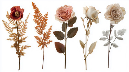 Fototapeta premium clipart set featuring rustic wildflowers, muted roses, and dried fern leaves,