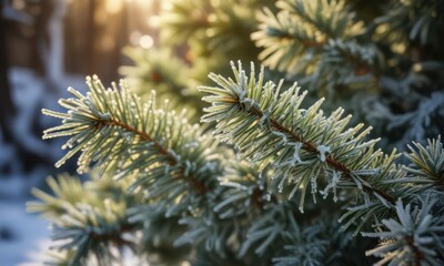 Detailed shot of frost-covered pine needles against a warm and cozy background, frosty details, morning light