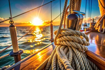 Obraz premium Close-up of weathered sailboat ropes, showcasing nautical detail and texture against a blurred ocean backdrop.