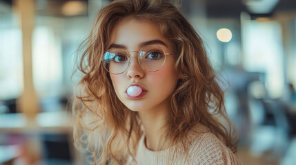 Young woman blowing bubble gum in a casual setting with soft lighting and natural surroundings