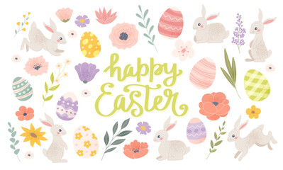 Happy Easter elements collection, cute festive bunnies, eggs and flowers. Vector illustration in pastel colours