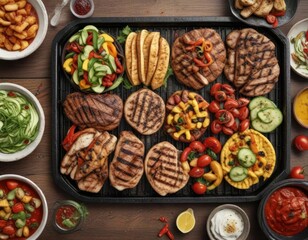 Sizzling hot grill top with a variety of toppings and condiments, cooking, condiments, fire