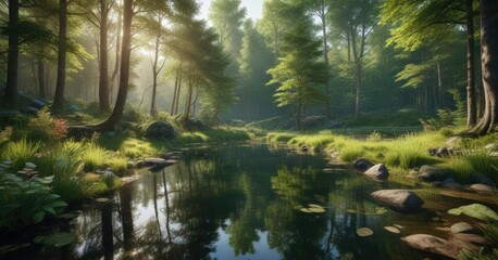 Obraz premium small pond in a forest with greeny surroundings, trees, forest