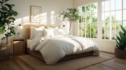 Fototapeta premium Bed with white comforter and decorative plant in a basket in a cozy bedroom setting