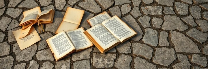 Obraz premium Dusty tomes sprawl across the cracked stone floor, as if abandoned in a hurry, with yellowed pages fluttering gently in the breeze, wooden shelves, aged