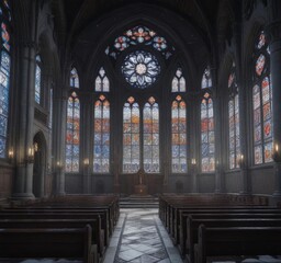 Snow-covered church with stained glass windows, church, stained glass, snow