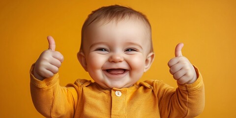 Cheerful Baby in Orange Shirt Giving Thumbs-Up