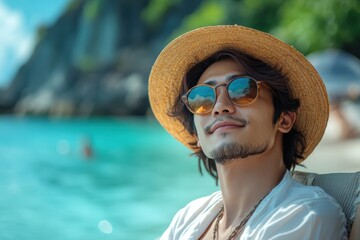 A relaxed young man with a straw hat and sunglasses looks at the camera with a serene expression, enjoying a day at the beach.
