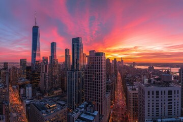 Fototapeta premium Sunset over manhattan new york city urban landscape evening view