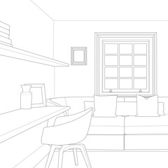 Vector illustration of Interior working  space. Drawn working room isolated on white background for design element and coloring book page