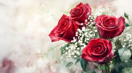 Romantic floral watercolor painting featuring vibrant red roses