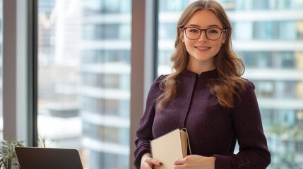 Businesswoman in office with tablet and notebook, smiling in modern workspace, discussing strategies and goals with colleagues for productivity and success.