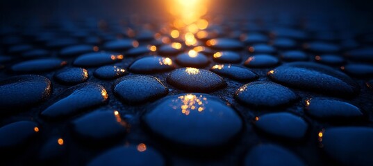 Fototapeta premium Sunset reflections on wet cobblestone streets, glistening with warmth and textured light