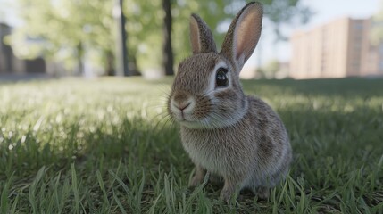 Obraz premium Beautiful sunny spring meadow with green grass and flowers. Cute funny rabbit sits on it