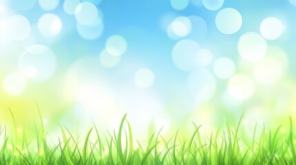 Obraz premium Beautiful sunny spring meadow with green grass and blue sky. Abstract background with light bokeh and space for text