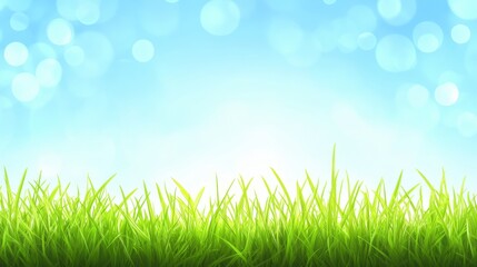 Fototapeta premium Beautiful sunny spring meadow with green grass and blue sky. Abstract background with light bokeh and space for text