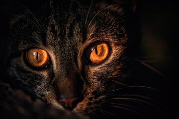 Eyes glowing like embers in the darkness its presence felt but unseen a whispered rumor of fear and dread, night time, eerie feeling, mysterious creature, ancient trees