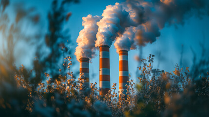 Industrial smokestacks emitting thick white smoke against a clear blue sky