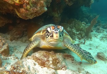 Close-Up of a Majestic Sea Turtle Swimming Peacefully Underwater in Coral Reef Environment with Vibrant Marine Life Surroundings