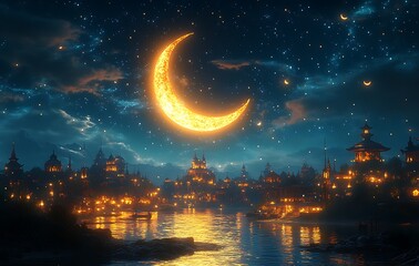 Fantastical night scene with a crescent moon over an illuminated village by water

