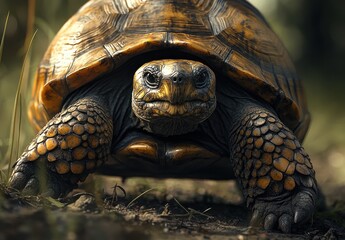 Naklejka premium Close-Up of a Majestic Turtle Crawling on the Ground in a Natural Habitat Surrounded by Greenery and Soft Lighting