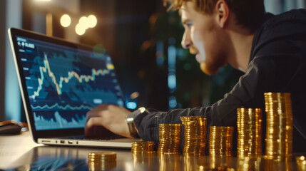Young man analyzes cryptocurrency data on laptop while surrounded by gold coins