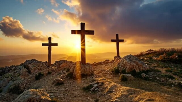 Golgotha ​​with three crosses. Easter Christian background.