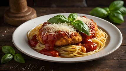 Homemade Italian chicken parmesan with spaghetti and fresh basil.