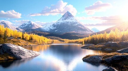 Obraz premium Serene autumn landscape with golden trees reflecting in a tranquil lake beneath majestic mountains