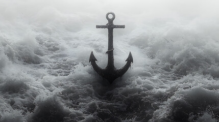 Dramatic monochrome image of a large anchor amidst turbulent ocean waves.  Perfect for concepts of strength, resilience, hope, or nautical themes.