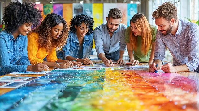 Diverse creative team collaborates on vibrant, colorful project.  Energetic brainstorming session showcasing teamwork and innovative design. Ideal for advertising, teamwork, and creativity concepts.