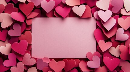Colorful paper hearts and blank card for Valentines Day, romantic decorations and love messages, perfect for celebrations, invitations or heartfelt notes.