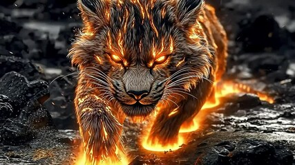 Fiery lynx prowls across volcanic landscape, embers flying, intense stare - Powered by Adobe