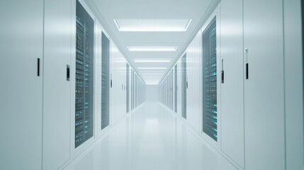 A sleek, modern server room with rows of high-performance servers, clean and organized with LED lighting