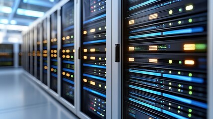 Data center operations modern facility technology infrastructure secure environment close-up viewpoint server management