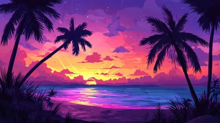 Vibrant Tropical Sunset Paradise: Palms, Ocean, and Sky